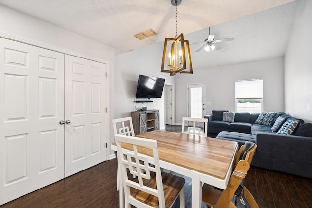 4826 Chelanie Cir, Murfreesboro, TN 37129 - dining area featuring vaulted ceiling, ceiling fan, and dark wood-type flooring