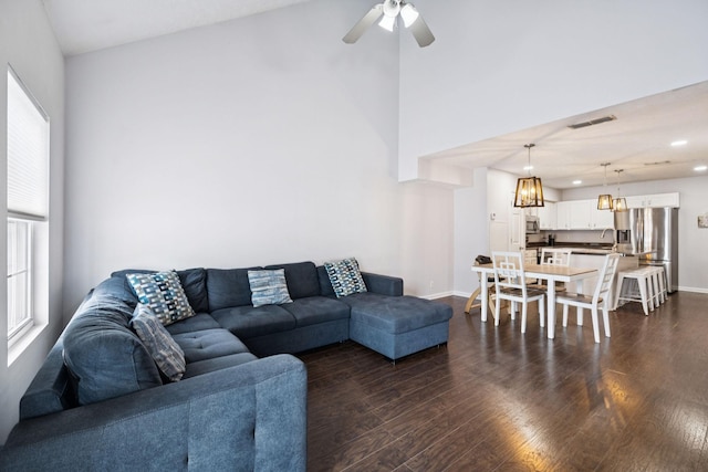 4826 Chelanie Cir, Murfreesboro, TN 37129 - living area featuring plenty of natural light, a chandelier, dark wood-style floors, ceiling fan, and recessed lighting