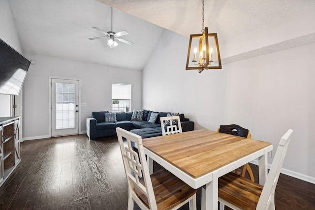 4826 Chelanie Cir, Murfreesboro, TN 37129 - dining space featuring dark wood-style floors, a chandelier, ceiling fan, and high vaulted ceiling