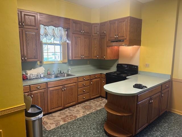 103 Cowan St W, Cowan, TN 37318 - kitchen with black range with electric stovetop, a peninsula, light countertops, open shelves, and brown cabinets