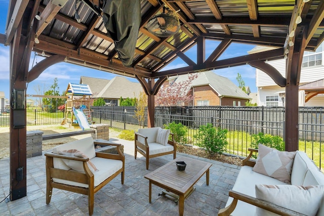 3612 Shady Forest Dr, Murfreesboro, TN 37128 - fenced backyard featuring outdoor lounge area, a playground, a patio area, and a gazebo