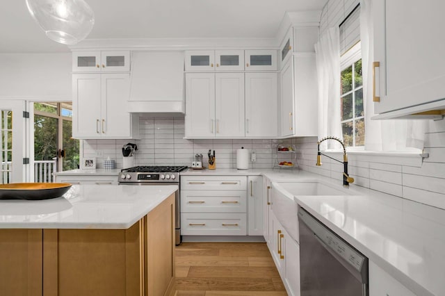720 N Wickshire Way, Brentwood, TN 37027 - kitchen featuring appliances with stainless steel finishes, premium range hood, light wood-style floors, and white cabinets