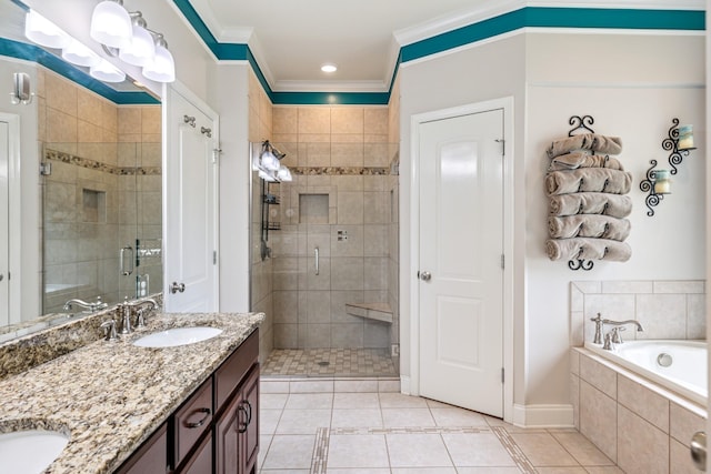 835 Banner Dr, Murfreesboro, TN 37129 - bathroom with double vanity, a stall shower, tile patterned flooring, a bath, and crown molding