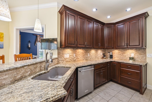 835 Banner Dr, Murfreesboro, TN 37129 - kitchen featuring crown molding, tasteful backsplash, stainless steel dishwasher, light tile patterned floors, and light stone counters