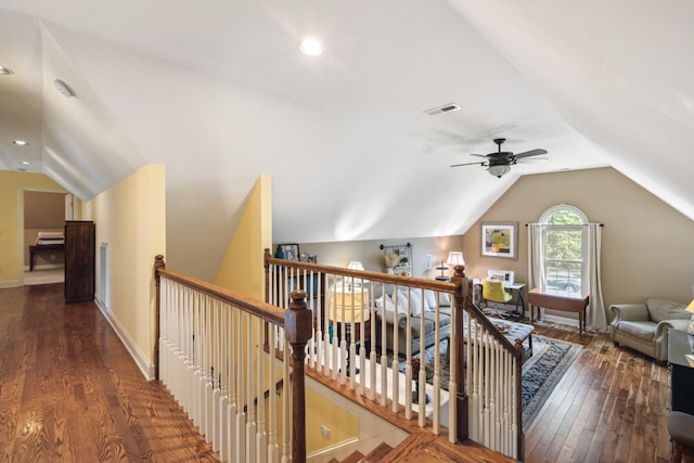 835 Banner Dr, Murfreesboro, TN 37129 - corridor with vaulted ceiling, wood finished floors, and an upstairs landing