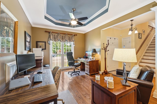 835 Banner Dr, Murfreesboro, TN 37129 - home office featuring a raised ceiling, wood finished floors, a ceiling fan, and crown molding