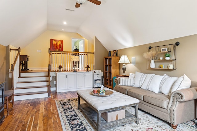 835 Banner Dr, Murfreesboro, TN 37129 - living room with ceiling fan, wood finished floors, vaulted ceiling, and stairway