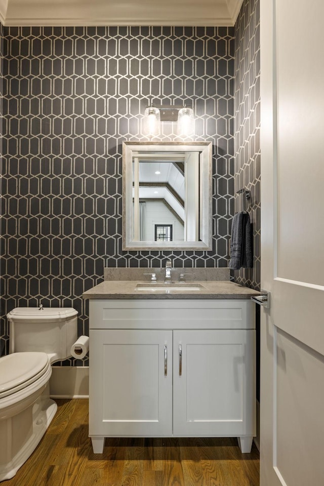 8524 Heirloom Blvd, College Grove, TN 37046 - bathroom featuring ornamental molding, vanity, and wood finished floors