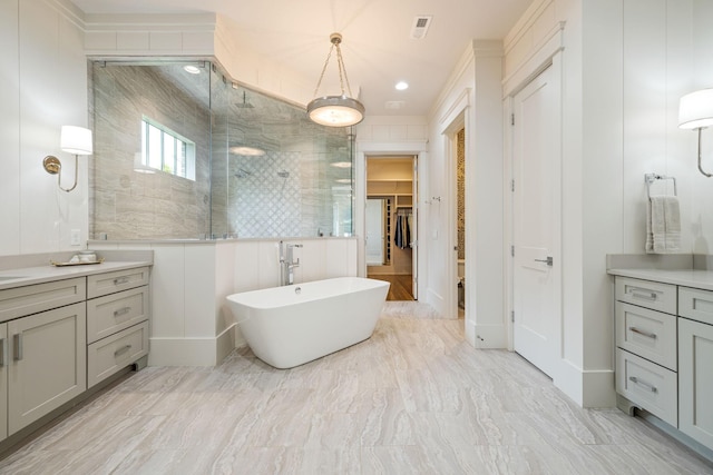 8524 Heirloom Blvd, College Grove, TN 37046 - bathroom with a shower stall, vanity, a walk in closet, a soaking tub, and marble finish flooring