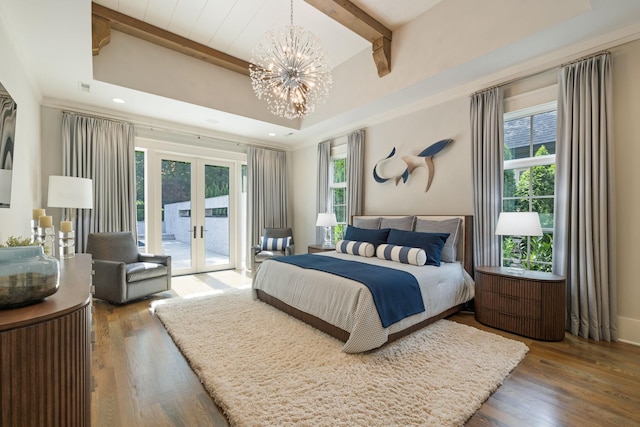 8524 Heirloom Blvd, College Grove, TN 37046 - bedroom featuring access to exterior, french doors, beam ceiling, a chandelier, and multiple windows