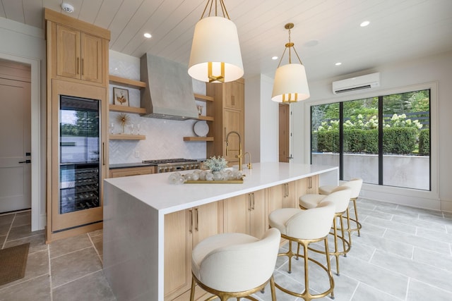 8524 Heirloom Blvd, College Grove, TN 37046 - kitchen featuring open shelves, recessed lighting, tasteful backsplash, light countertops, and extractor fan