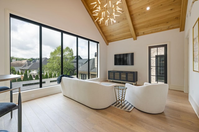 8524 Heirloom Blvd, College Grove, TN 37046 - living area with wood finished floors, a chandelier, a wooden ceiling with exposed beams, high vaulted ceiling, and recessed lighting