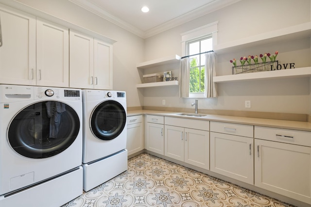 8524 Heirloom Blvd, College Grove, TN 37046 - washroom featuring washing machine and dryer, crown molding, cabinet space, and recessed lighting