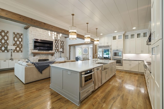 8524 Heirloom Blvd, College Grove, TN 37046 - kitchen featuring open floor plan, a stone fireplace, stainless steel appliances, white cabinetry, and wood finished floors