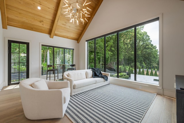 8524 Heirloom Blvd, College Grove, TN 37046 - living room with a chandelier, healthy amount of natural light, wood finished floors, a wood ceiling with exposed beams, and high vaulted ceiling