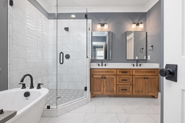 212 Rich Cir, Franklin, TN 37064 - full bath with a freestanding tub, marble look tiles, a shower stall, double vanity, and ornamental molding