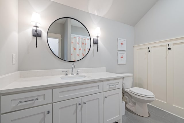 212 Rich Cir, Franklin, TN 37064 - bathroom with vanity, tile patterned flooring, a shower with curtain, and vaulted ceiling