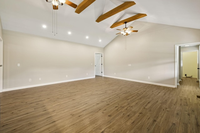 92 Defeated Creek Hwy, Carthage, TN 37030 - unfurnished living room featuring ceiling fan, beamed ceiling, high vaulted ceiling, wood finished floors, and recessed lighting