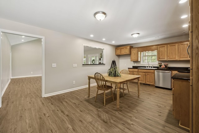 92 Defeated Creek Hwy, Carthage, TN 37030 - kitchen with dark countertops, wood finished floors, stainless steel dishwasher, recessed lighting, and brown cabinetry