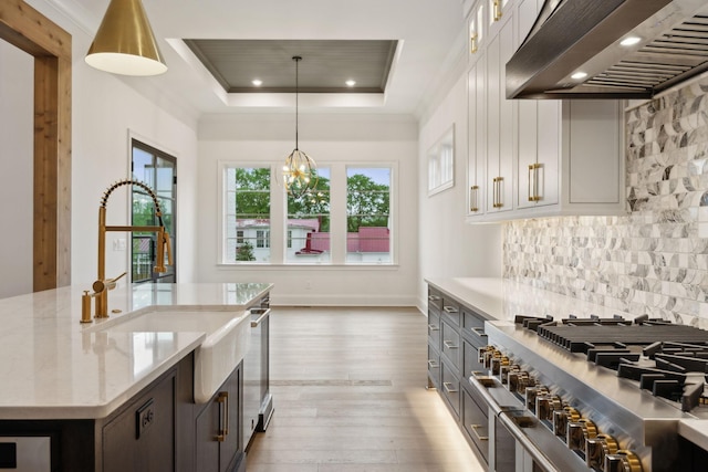 512 Wilson Pike, Brentwood, TN 37027 - kitchen featuring ventilation hood, double oven range, light wood finished floors, backsplash, and light stone countertops