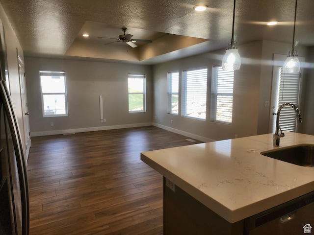 9786 N Aaron Ave E Unit 221, Eagle Mountain, UT 84005 - kitchen featuring dark wood-type flooring, baseboards, a sink, and a ceiling fan