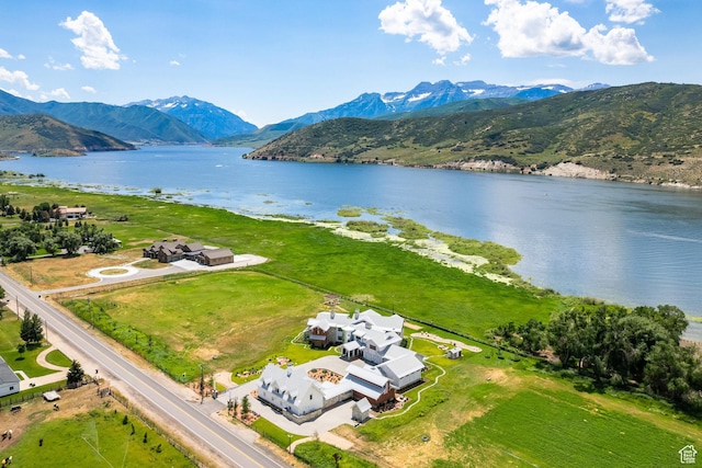 bird's eye view of a water and mountain view
