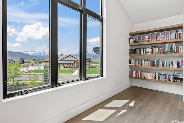 interior space with built in shelves, a mountain view, and dark wood-type flooring