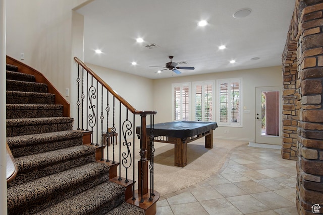 playroom with ceiling fan, pool table, and light tile patterned floors