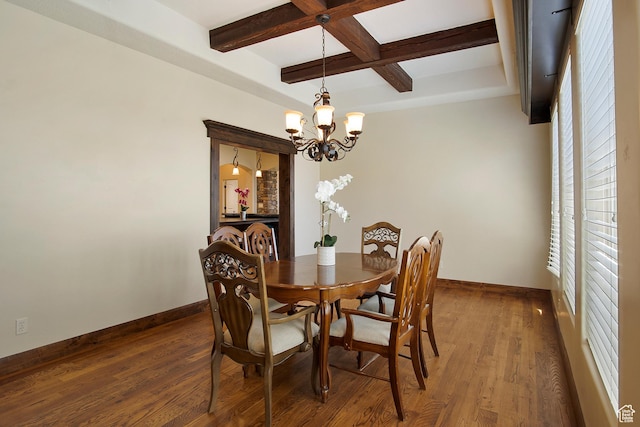 dining space with coffered ceiling, dark hardwood / wood-style floors, an inviting chandelier, and beam ceiling