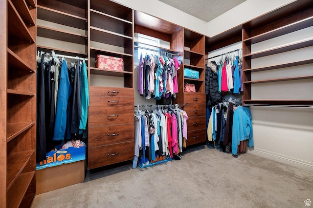 walk in closet with light carpet
