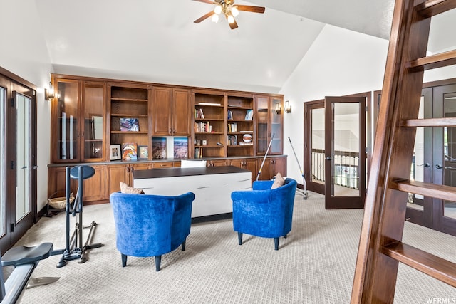 4159 Moose Hollow Rd, Park City, UT 84098 - interior space featuring ceiling fan, light colored carpet, high vaulted ceiling, and french doors