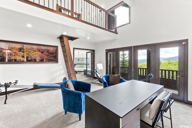4159 Moose Hollow Rd, Park City, UT 84098 - carpeted dining area featuring a high ceiling and french doors