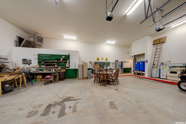 garage featuring stainless steel fridge with ice dispenser, electric water heater, and a garage door opener