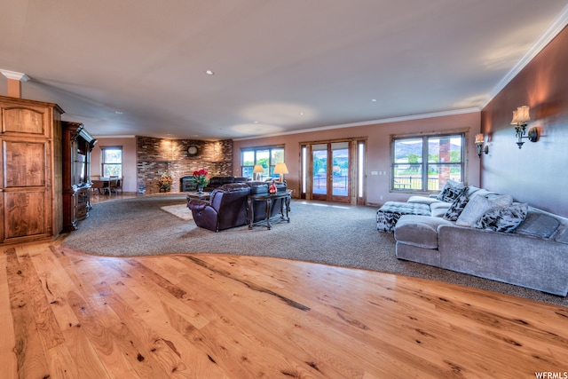 living room featuring ornamental molding, light colored carpet, a healthy amount of sunlight, and a fireplace