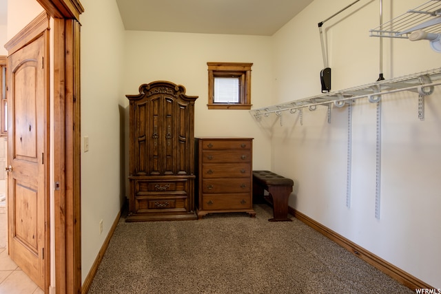 walk in closet with light colored carpet