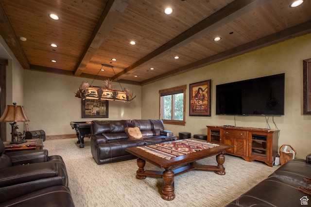 carpeted living area with wood ceiling, recessed lighting, and beamed ceiling