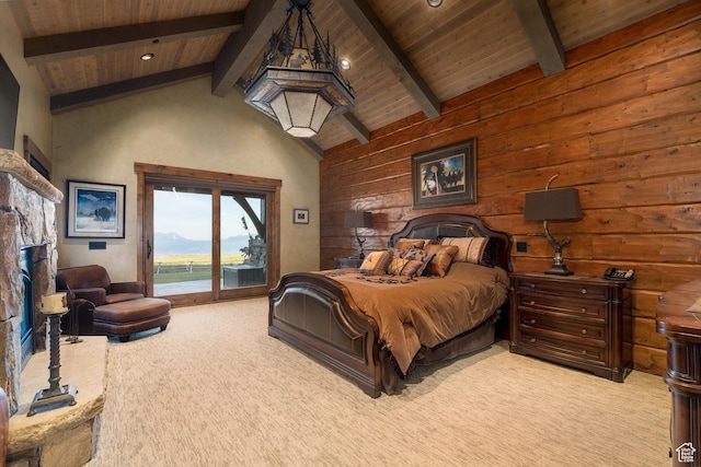 bedroom featuring light carpet, access to outside, beamed ceiling, wooden walls, and wood ceiling
