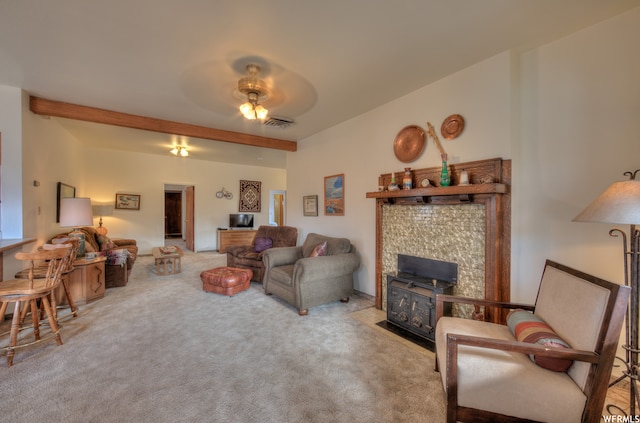 195 E 200 N, Moab, UT 84532 - carpeted living area with ceiling fan and beamed ceiling