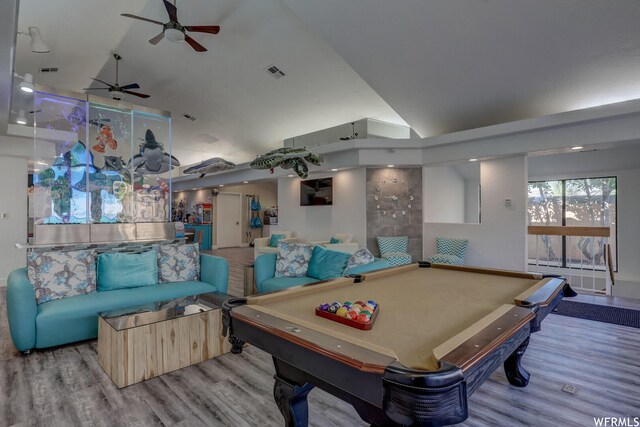 1845 W Canyon Dr Unit 304, St George, UT 84770 - recreation room with billiards, ceiling fan, high vaulted ceiling, and light hardwood / wood-style floors