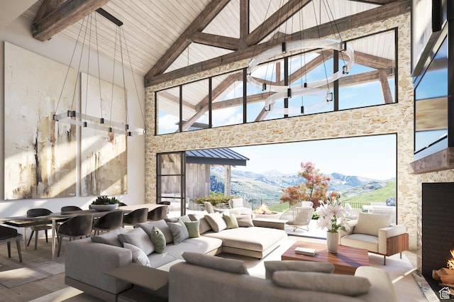 8139 N Sunrise Loop, Park City, UT 84098 - living room featuring wood-type flooring, a fireplace, high vaulted ceiling, and beamed ceiling