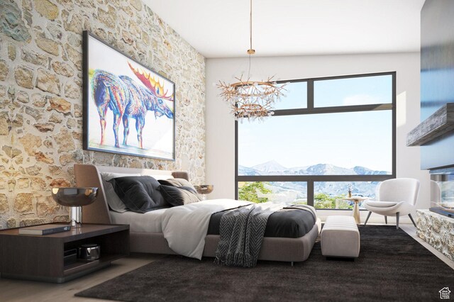 8139 N Sunrise Loop, Park City, UT 84098 - bedroom featuring wood-type flooring, a mountain view, and an inviting chandelier