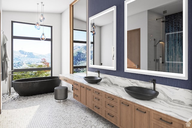 8139 N Sunrise Loop, Park City, UT 84098 - bathroom featuring shower with separate bathtub, a mountain view, and vanity