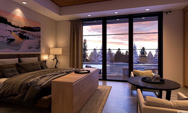 7932 Red Tail Ct, Park City, UT 84060 - bedroom with access to outside, dark hardwood / wood-style flooring, and a tray ceiling