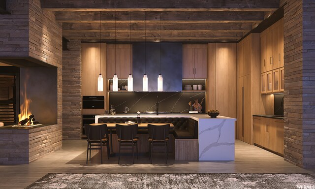 7932 Red Tail Ct, Park City, UT 84060 - bar featuring decorative backsplash, beam ceiling, light hardwood / wood-style floors, and wood walls