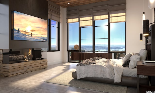 7932 Red Tail Ct, Park City, UT 84060 - bedroom with light wood-type flooring, wood ceiling, and a mountain view