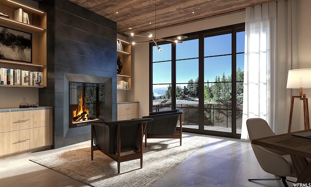 7932 Red Tail Ct, Park City, UT 84060 - office area featuring a fireplace, wooden ceiling, built in features, and a high ceiling