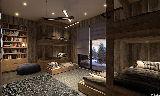 7932 Red Tail Ct, Park City, UT 84060 - bedroom featuring access to exterior, hardwood / wood-style floors, and wooden walls
