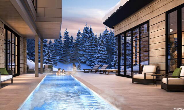 7932 Red Tail Ct, Park City, UT 84060 - pool at dusk with pool water feature and a fire pit