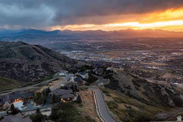 aerial view at dusk with a mountain view