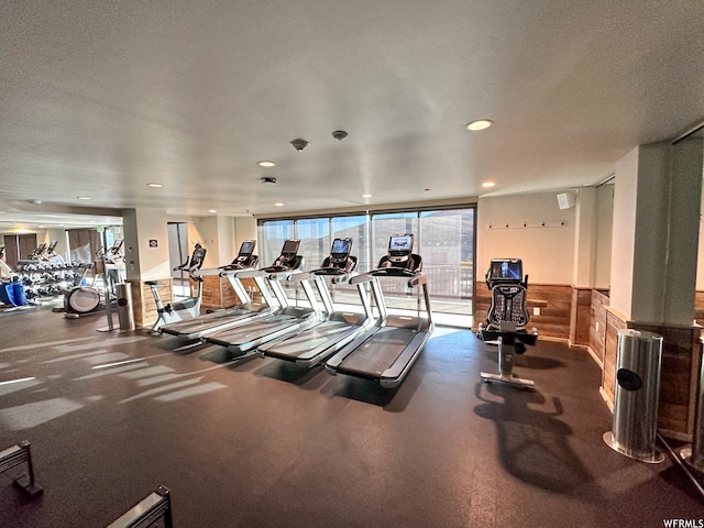909 W Peace Tree Trl Unit 601, Heber City, UT 84032 - workout area with recessed lighting, floor to ceiling windows, a textured ceiling, and wainscoting